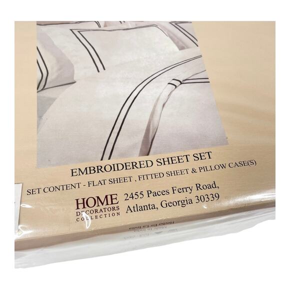 Home Decorators Twin Sheet Set Pillow Case Brown Embroidery White Cotton Bedding - Picture 6 of 7